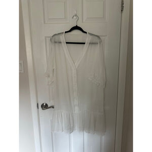 Women's CUPSHE White Ruffle Sleeve Button Front Beach Coverup Dress L